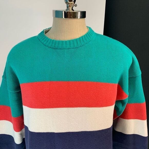 EDDIE BAUER 100% cotton sweater green red striped mens sz L - Picture 2 of 7